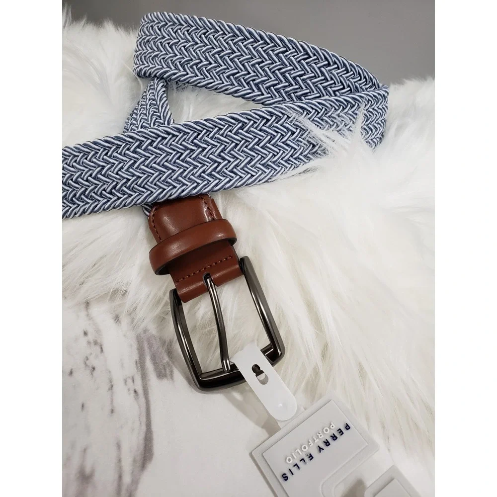 NEW‎ Perry Ellis Light Blue Stretch Woven Belt Golf Preppy Chambray 30-32